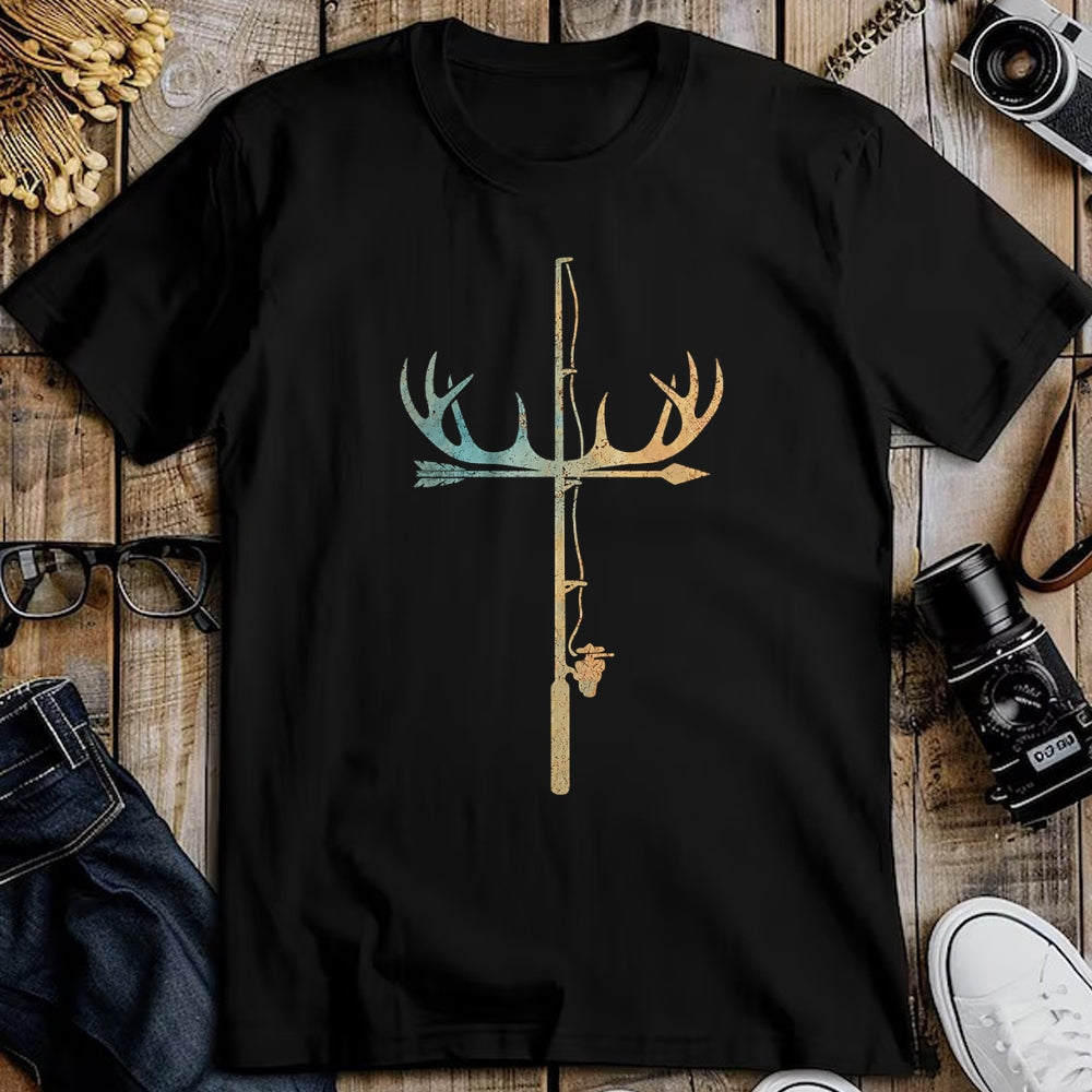 Funny Hunting Shirt, Gift For Hunting Lover Unisex T-Shirt/Hoodie/Sweatshirt HLT00 - Antler Fishing Rod Cross God Family Hunting Fishing T-Shirt