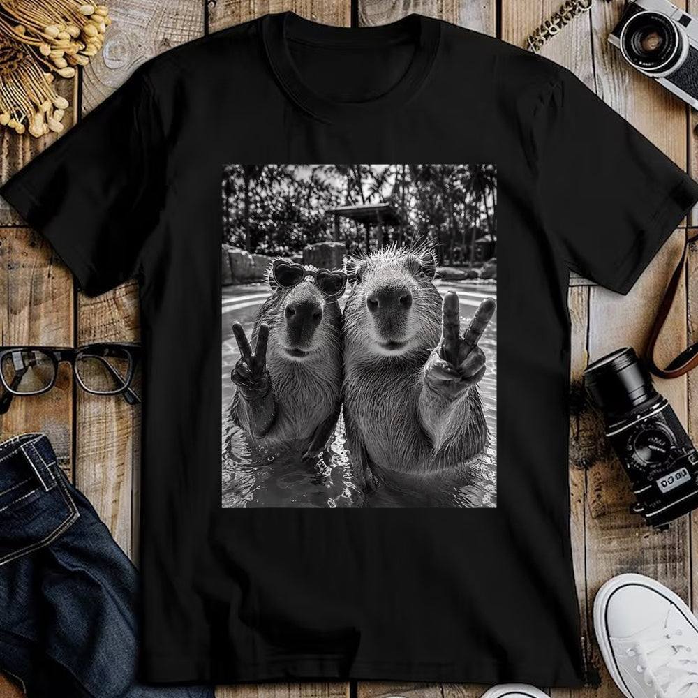 Cute Capybara Shirt, Funny Capybara Unisex T-Shirt/Hoodie/Sweatshirt HLT00 - Funny Capybara Selfie Peace Sign Men Women Cute Animal T-Shirt