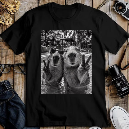 Cute Capybara Shirt, Funny Capybara Unisex T-Shirt/Hoodie/Sweatshirt HLT00 - Funny Capybara Selfie Peace Sign Men Women Cute Animal T-Shirt