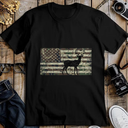 Funny Hunting Shirt, Gift For Hunting Lover Unisex T-Shirt/Hoodie/Sweatshirt HLT00 - Deer Hunting Camo American Flag Buck Standing Hunter Country T-Shirt
