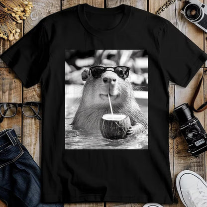 Cute Capybara Shirt, Funny Capybara Unisex T-Shirt/Hoodie/Sweatshirt HLT00 - Capybara Selfie with Sunglasses and Coconut Drink T-Shirt