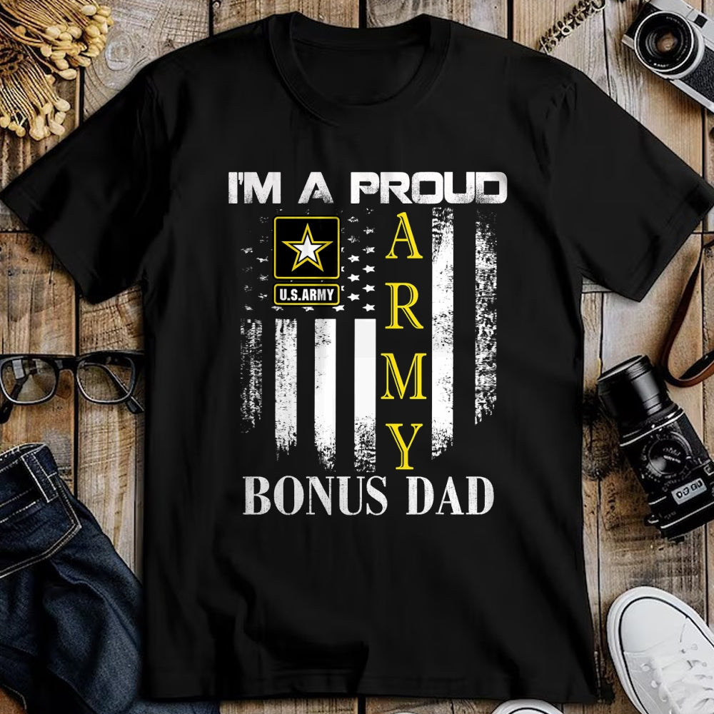 Gift for Dad Shirt, Funny Dad Unisex T-Shirt/Hoodie/Sweatshirt HLT00 – Vintage I_m A Proud Army Bonus Dad With American Flag Gift T-Shirt
