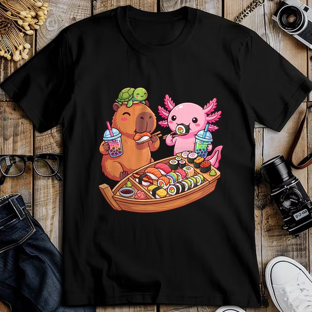 Cute Capybara Shirt, Funny Capybara Unisex T-Shirt/Hoodie/Sweatshirt HLT00 - Kawaii Capybara Axolotl Sushi Nigiri Chopsticks Anime Food T-Shirt