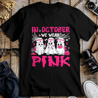 Funny Nurse Shirt, Nurse Unisex T-Shirt/Hoodie/Sweatshirt HLT00 - In October We Wear Pink Nurse Ghost Halloween Breast Cancer T-Shirt
