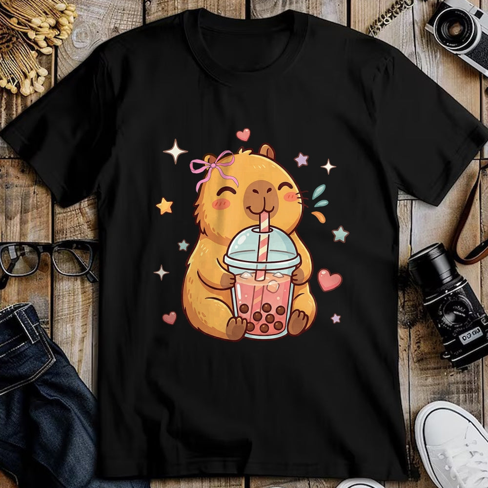 Cute Capybara Shirt, Funny Capybara Unisex T-Shirt/Hoodie/Sweatshirt HLT00 - Cute Capybara Anime Drinking Bubble Boba Tea Kawaii Girl Kid T-Shirt