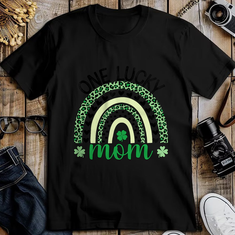 Gift for Mom Shirt, Funny Mom Unisex T-Shirt/Hoodie/Sweatshirt HLT00 - One Lucky Mom Leopard Rainbow St Patricks Day Clover T-Shirt