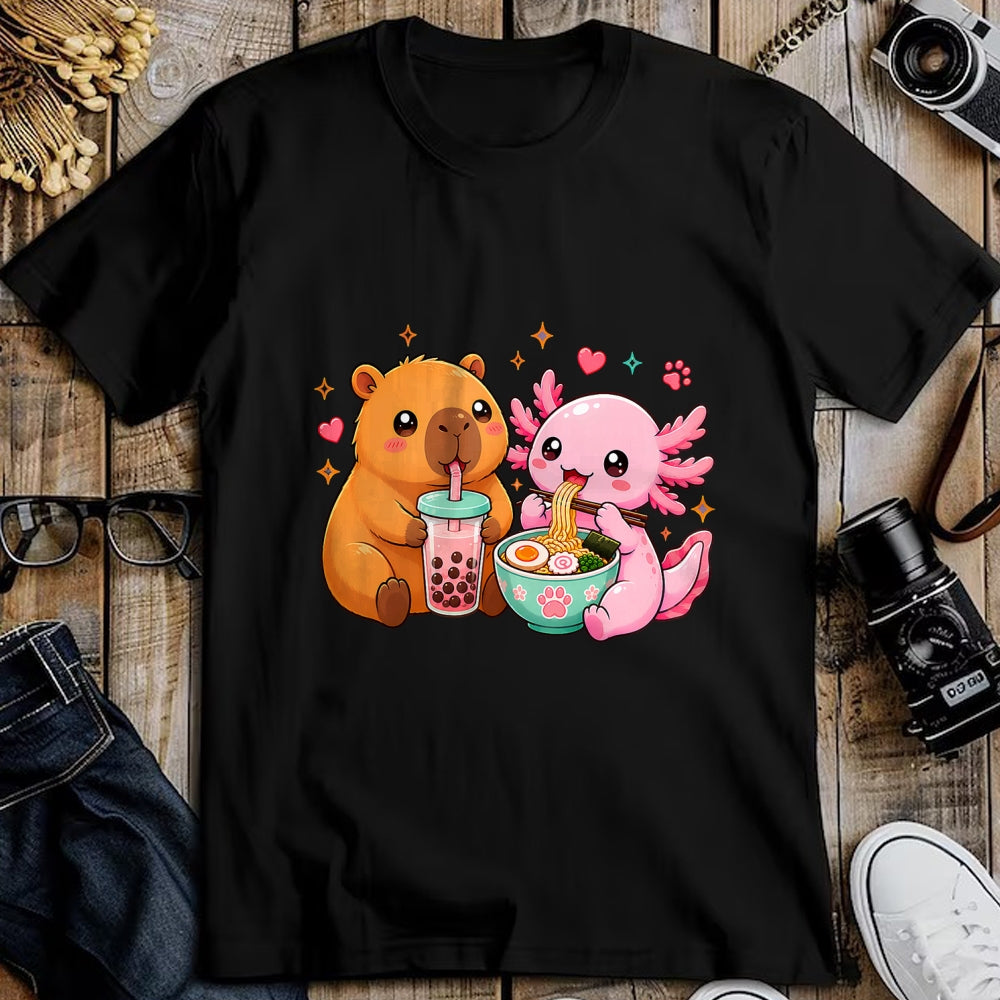 Cute Capybara Shirt, Funny Capybara Unisex T-Shirt/Hoodie/Sweatshirt HLT00 - Cute Capybara Axolotl Boba Ramen Anime Kawaii Foodie Friends T-Shirt