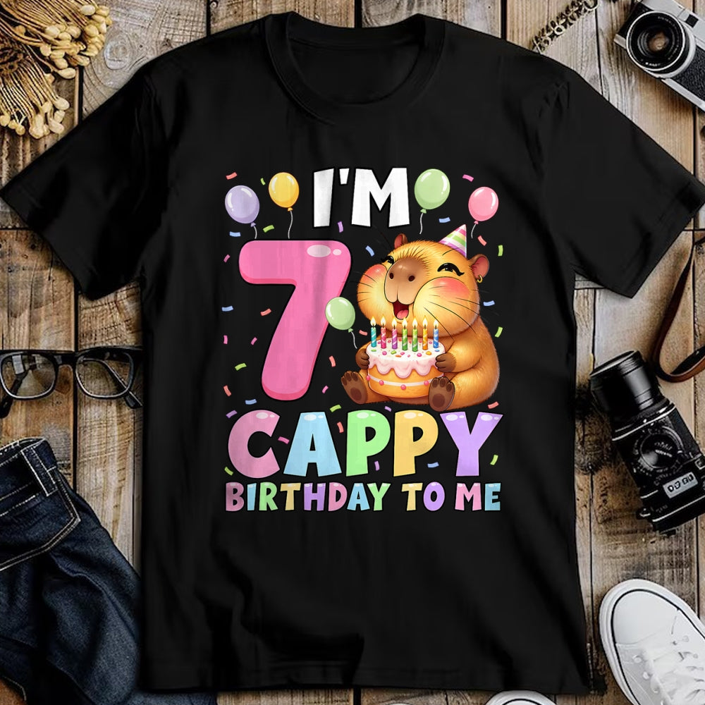 Cute Capybara Shirt, Funny Capybara Unisex T-Shirt/Hoodie/Sweatshirt HLT00 - Kawaii Girl Capybara 7th Birthday to Me Balloons Capy Cake T-Shirt