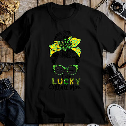 Gift for Mom Shirt, Funny Mom Unisex T-Shirt/Hoodie/Sweatshirt HLT00 - One Lucky Softball Mom Green Saint Patricks Day Messy Bun T-Shirt