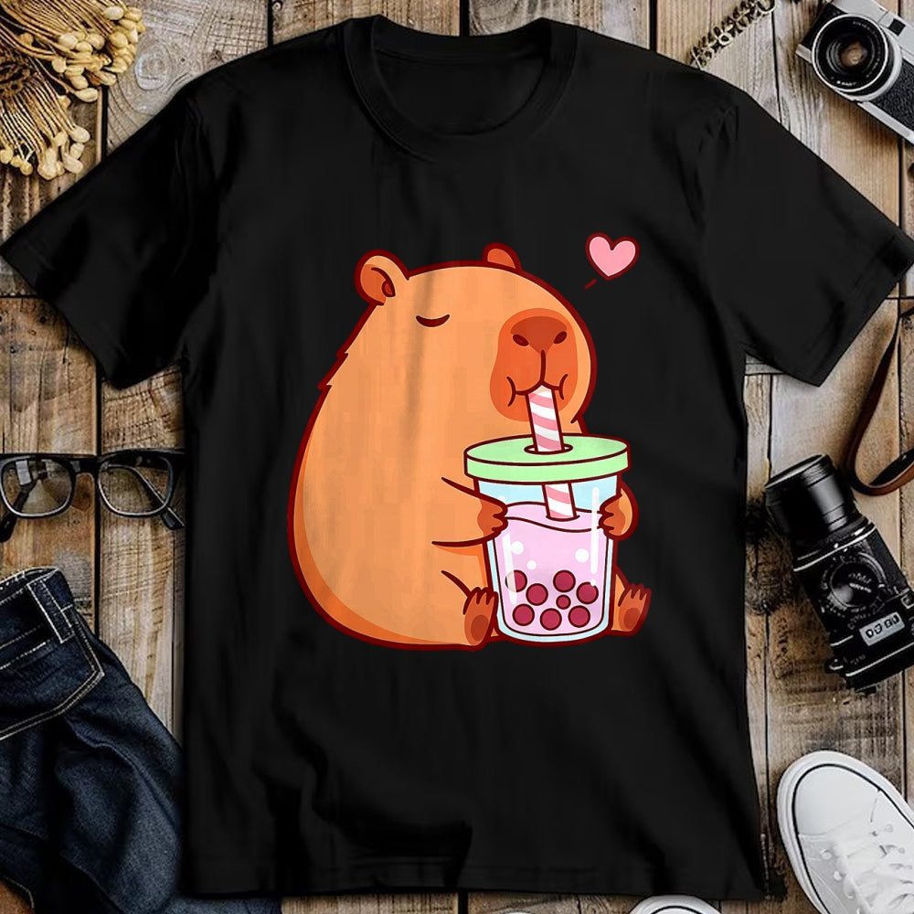 Cute Capybara Shirt, Funny Capybara Unisex T-Shirt/Hoodie/Sweatshirt HLT00 - Cute Capybara Kawaii Anime Girls Drinking Boba Tea Lover T-Shirt