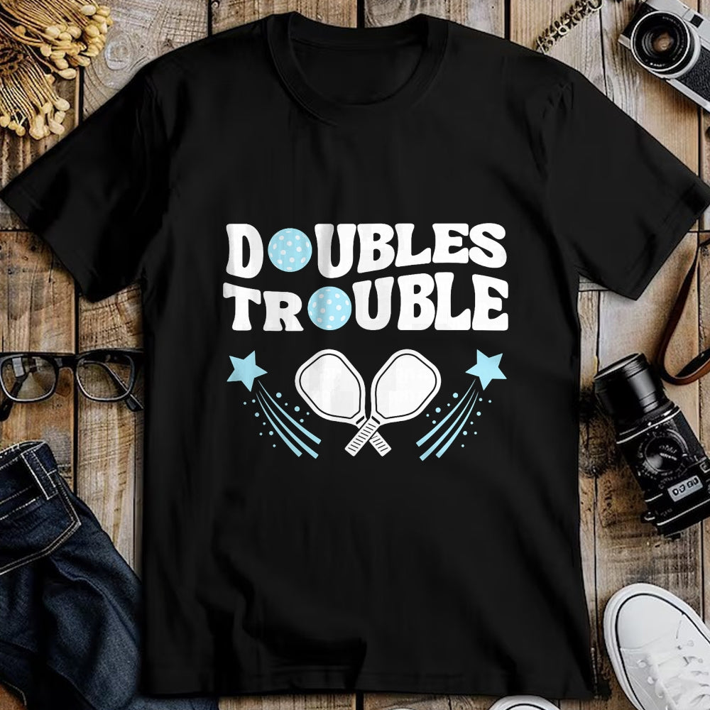 Funny Pickleball Shirt, Pickleball Lover Unisex T-Shirt/Hoodie/Sweatshirt HLT00 - Blue Doubles Trouble Pickleball Tournament Partner Matching T-Shirt