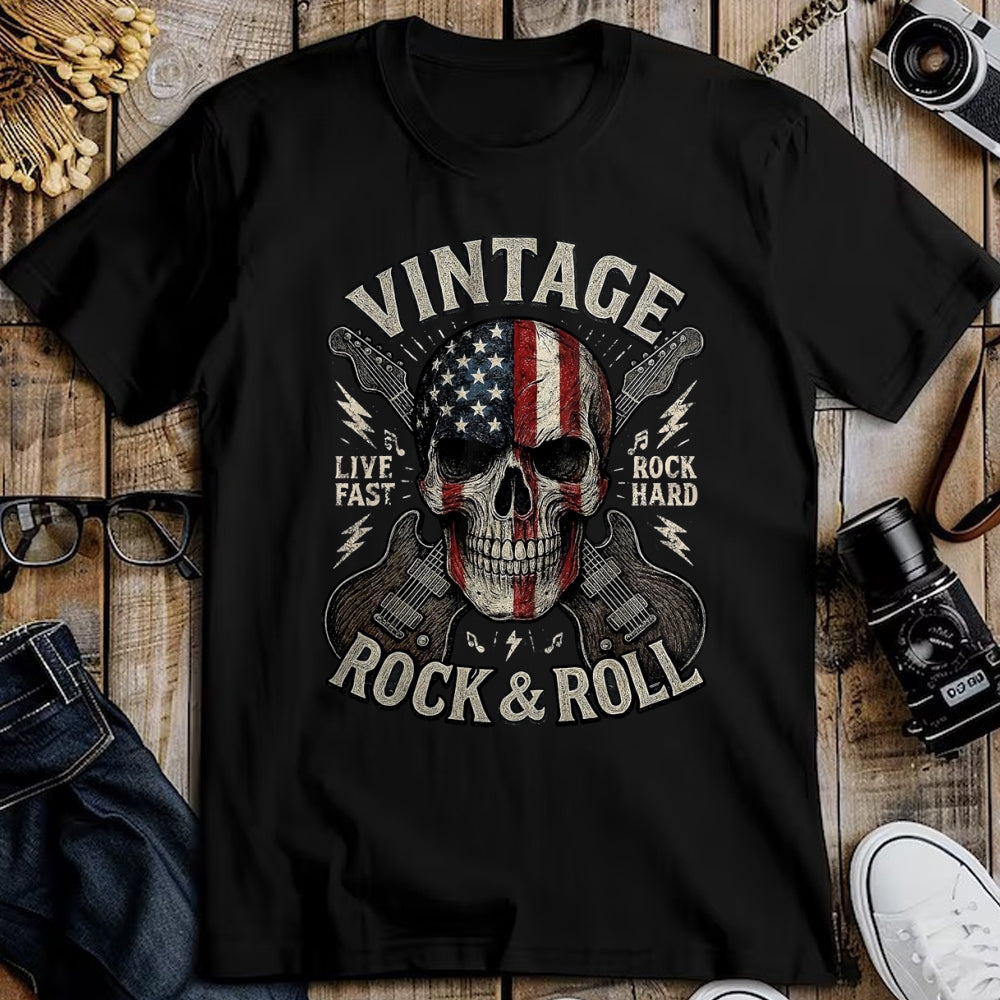 Guitar Lover Shirt, Funny Guitar UnisexT-Shirt/Hoodie/Sweatshirt HLT00 - Vintage Rock Skull American Flag Guitar Retro Rock and Roll T-Shirt, Men, Black, Large
