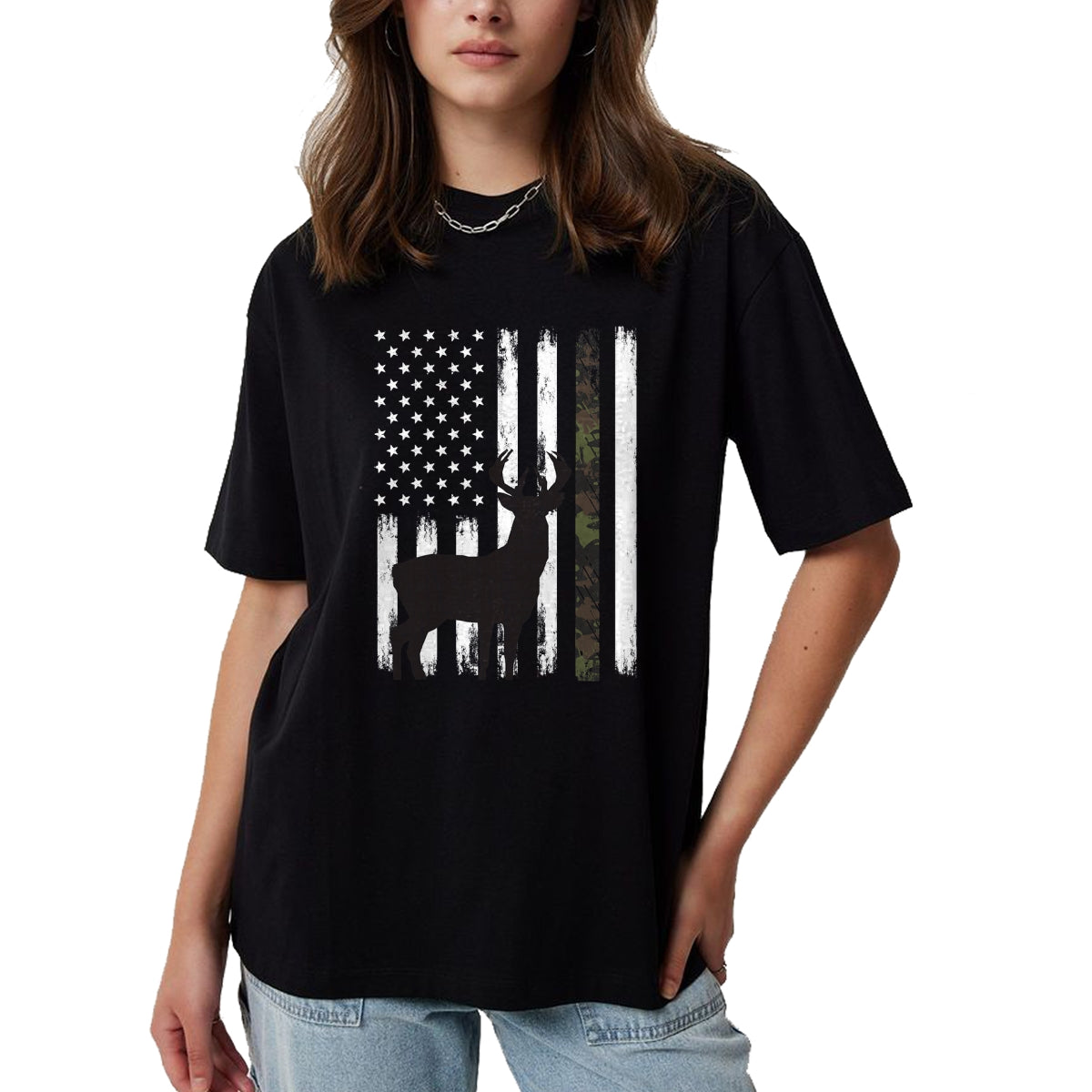 Funny Hunting Shirt, Gift For Hunting Lover Unisex T-Shirt/Hoodie/Sweatshirt HLT00 - Whitetail Deer Hunting Hunter Buck Camo American Flag USA T-Shirt