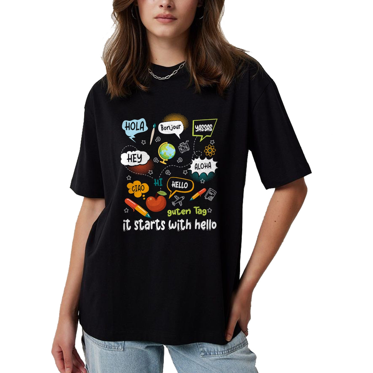 Best Teacher Shirt, Funny Teacher UnisexT-Shirt/Hoodie/Sweatshirt HLT00 - Friendship Inclusion Language Teacher It Starts with Hello T-Shirt