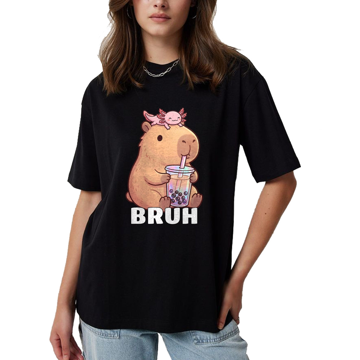 Cute Capybara Shirt, Funny Capybara Unisex T-Shirt/Hoodie/Sweatshirt HLT00 - Cute Bruh Capybara Drinking Bubble Tea Axolotl Funny Kawaii T-Shirt