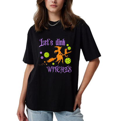 Funny Pickleball Shirt, Pickleball Lover Unisex T-Shirt/Hoodie/Sweatshirt HLT00 - Womens Halloween Pickleball Let's Dink Witches V-Neck T-Shirt