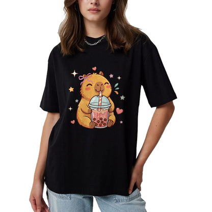 Cute Capybara Shirt, Funny Capybara Unisex T-Shirt/Hoodie/Sweatshirt HLT00 - Cute Capybara Anime Drinking Bubble Boba Tea Kawaii Girl Kid T-Shirt