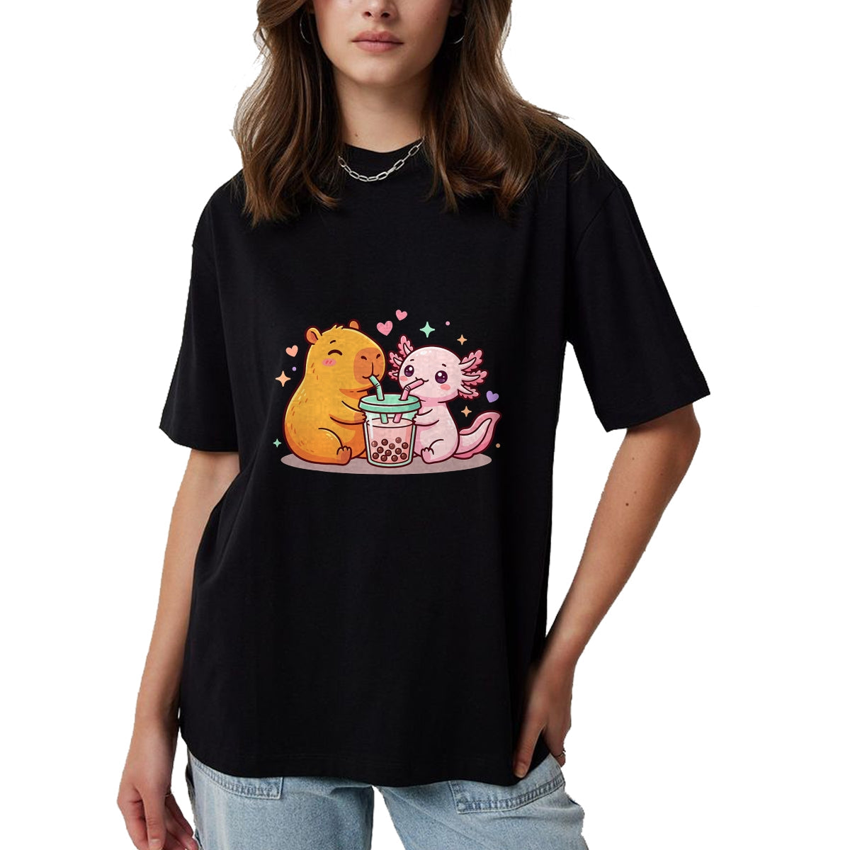 Cute Capybara Shirt, Funny Capybara Unisex T-Shirt/Hoodie/Sweatshirt HLT00 - Cute Capybara and Axolotl Bubble Tea Boba Girls Kawaii T-Shirt