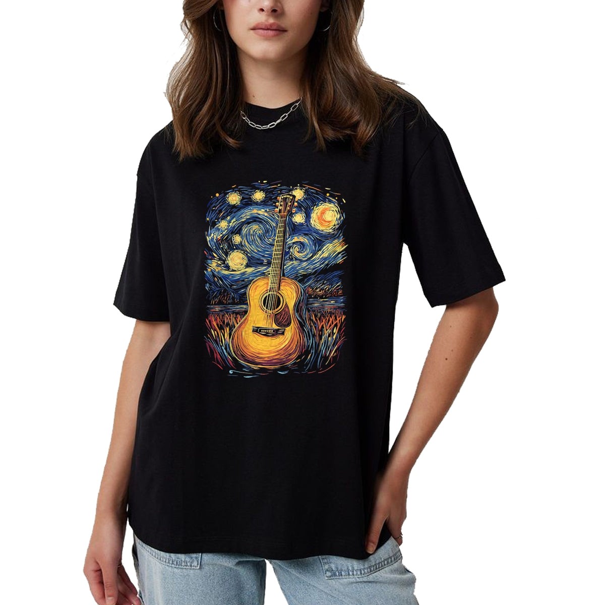 Guitar Lover Shirt, Funny Guitar UnisexT-Shirt/Hoodie/Sweatshirt HLT00 - Starry Night Inspired Acoustic Guitar T-Shirt
