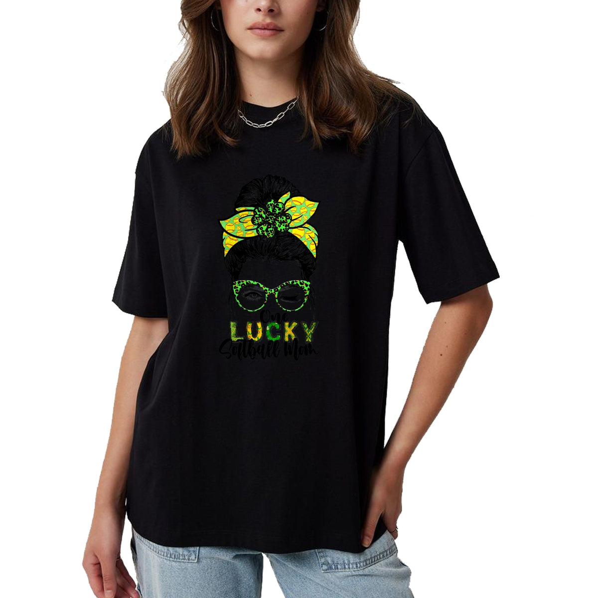 Gift for Mom Shirt, Funny Mom Unisex T-Shirt/Hoodie/Sweatshirt HLT00 - One Lucky Softball Mom Green Saint Patricks Day Messy Bun T-Shirt