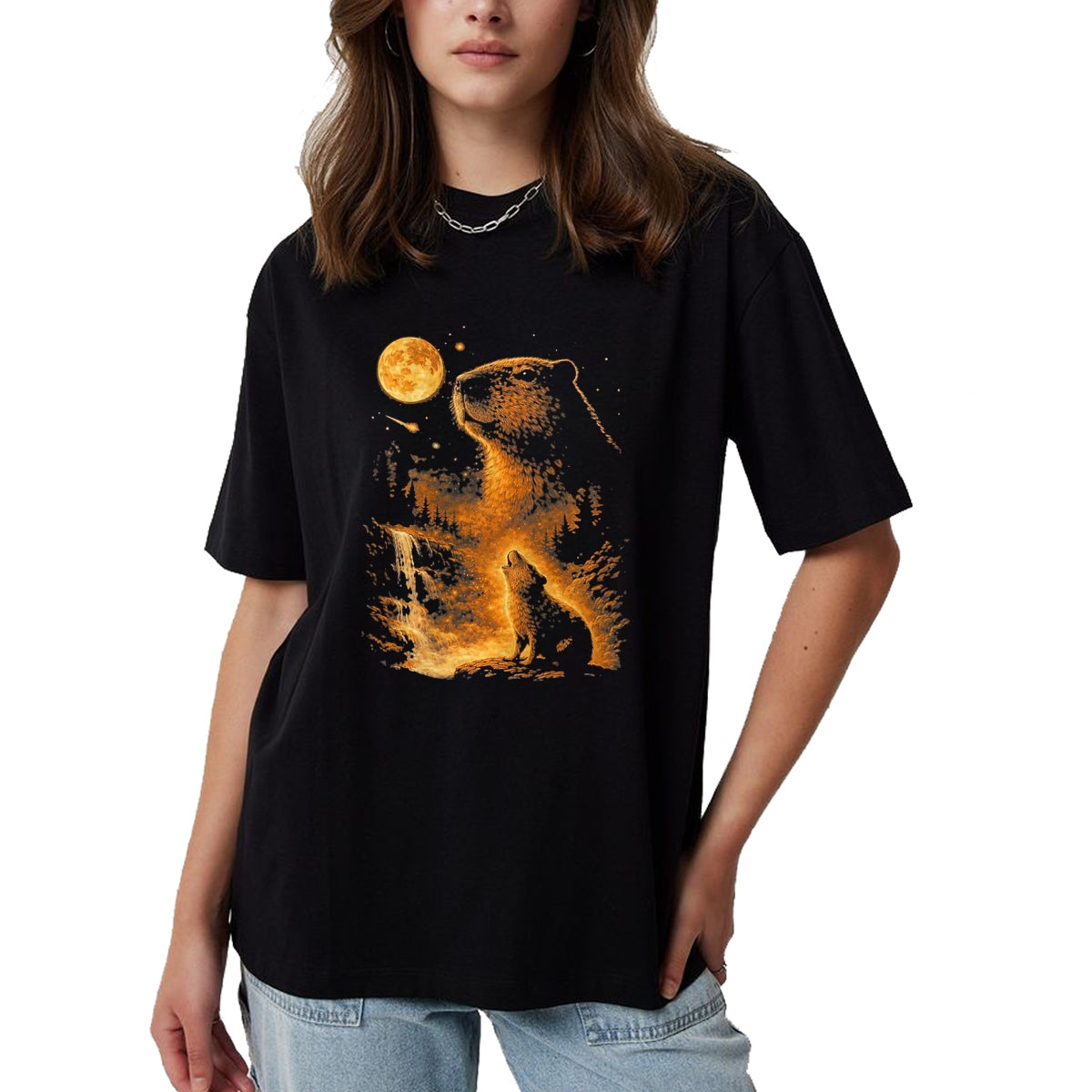 Cute Capybara Shirt, Funny Capybara Unisex T-Shirt/Hoodie/Sweatshirt HLT00 - Vintage Capybara Howling At The Moon Meme 90s Animal Graphic T-Shirt, Men, Black, 3X-Large