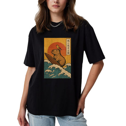 Cute Capybara Shirt, Funny Capybara Unisex T-Shirt/Hoodie/Sweatshirt HLT00 - Capybara Surfing Japanese T-Shirt