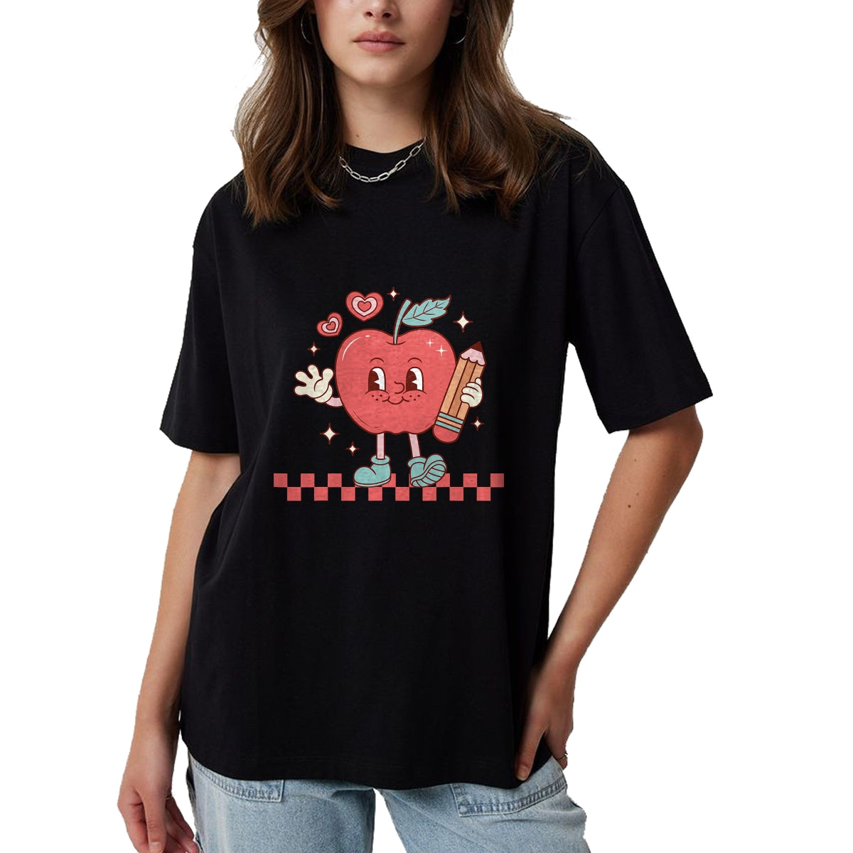 Best Teacher Shirt, Funny Teacher UnisexT-Shirt/Hoodie/Sweatshirt HLT00 - Cute Retro Checkered Apple with Face Teacher Pencil Trendy T-Shirt