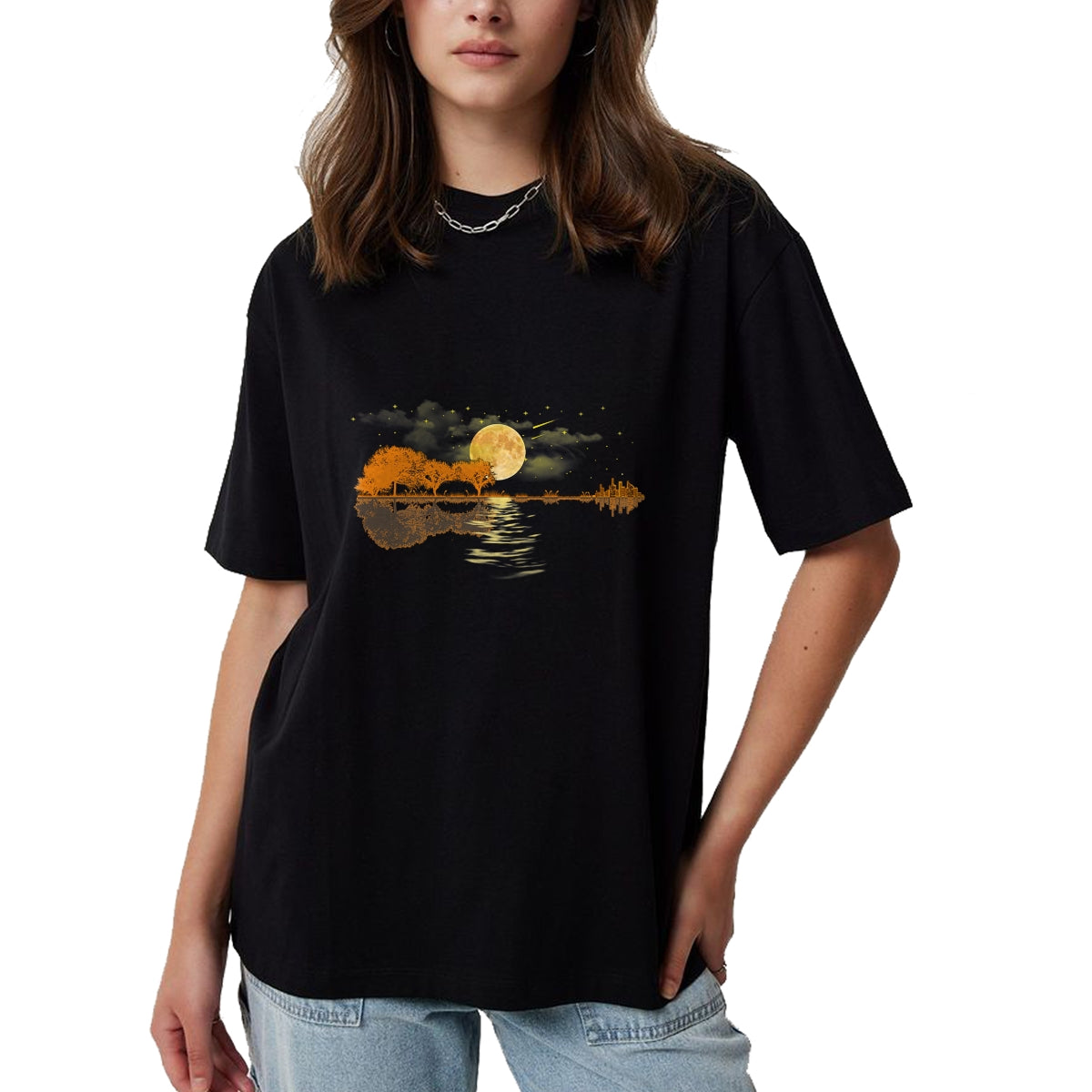 Guitar Lover Shirt, Funny Guitar UnisexT-Shirt/Hoodie/Sweatshirt HLT00 - Guitar Moonlight Nature Lake Shadow, Musician Black Unisex-Adults T-Shirt