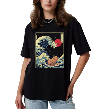 Cute Capybara Shirt, Funny Capybara Unisex T-Shirt/Hoodie/Sweatshirt HLT00 - Surfing Capybara Retro Kawaii T-Shirt