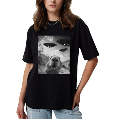 Cute Capybara Shirt, Funny Capybara Unisex T-Shirt/Hoodie/Sweatshirt HLT00 - Funny Capybara Selfie with UFOs Weird Graphic Tee Alien UFO T-Shirt