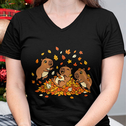 Cute Capybara Shirt, Funny Capybara Unisex T-Shirt/Hoodie/Sweatshirt HLT00 - Cute Capybara Autumn Leaves Fall Season Animal T-Shirt