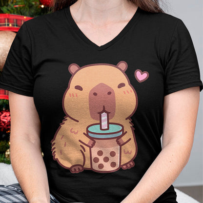 Cute Capybara Shirt, Funny Capybara Unisex T-Shirt/Hoodie/Sweatshirt HLT00 - Cute Capybara Kawaii Anime Drinking Bubble Tea Lover Girls T-Shirt