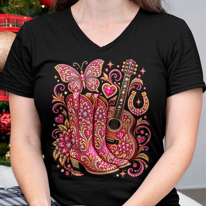 Guitar Lover Shirt, Funny Guitar UnisexT-Shirt/Hoodie/Sweatshirt HLT00 - Pink Butterfly Bling Cowgirl Guitar Western Rhinestone Cute T-Shirt