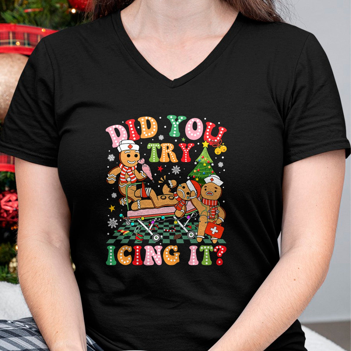 Funny Nurse Shirt, Nurse Unisex T-Shirt/Hoodie/Sweatshirt HLT00 - Retro ICU Nurse Christmas Gingerbread Did You Try Icing It T-Shirt (1)