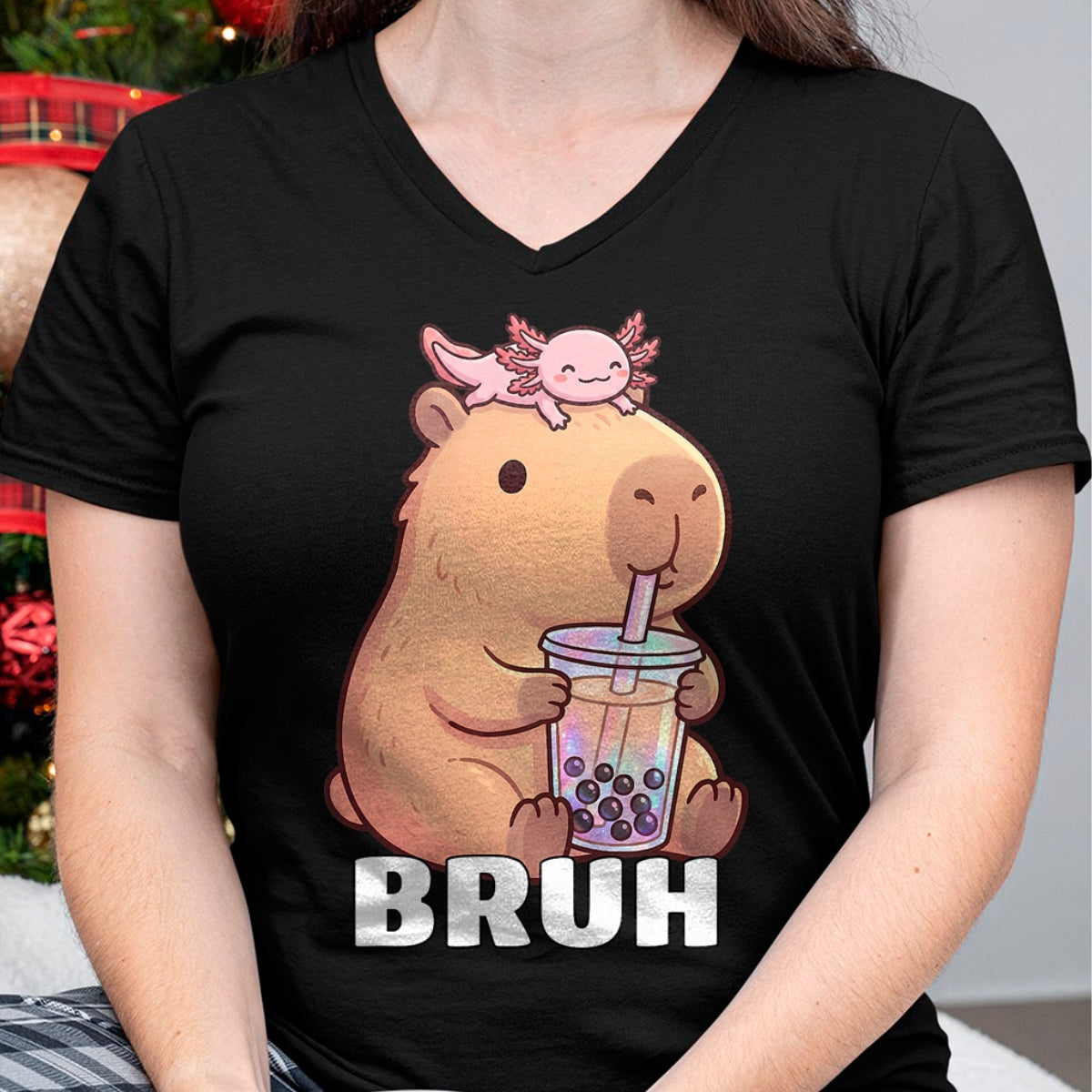 Cute Capybara Shirt, Funny Capybara Unisex T-Shirt/Hoodie/Sweatshirt HLT00 - Cute Bruh Capybara Drinking Bubble Tea Axolotl Funny Kawaii T-Shirt