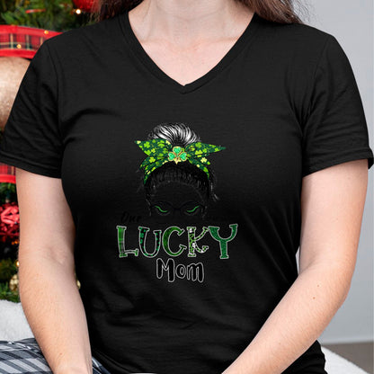 Gift for Mom Shirt, Funny Mom Unisex T-Shirt/Hoodie/Sweatshirt HLT00 - One Lucky Mom St Patricks Day Shamrock Messy Bun T-Shirt