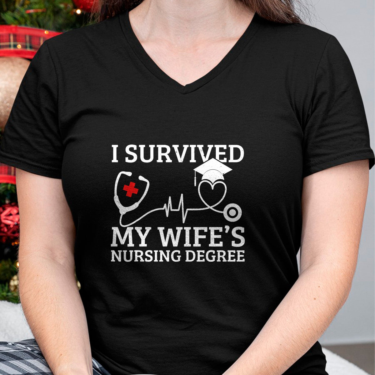 Funny Nurse Shirt, Nurse Unisex T-Shirt/Hoodie/Sweatshirt HLT00 - I Survived My Wife's Nursing Degree, Proud Husband Nurse T-Shirt (1)