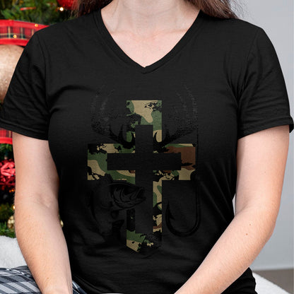 Funny Hunting Shirt, Gift For Hunting Lover Unisex T-Shirt/Hoodie/Sweatshirt HLT00 - Youth Camo Faith Hunting Fishing Cross Hook Christian Jesus T-Shirt