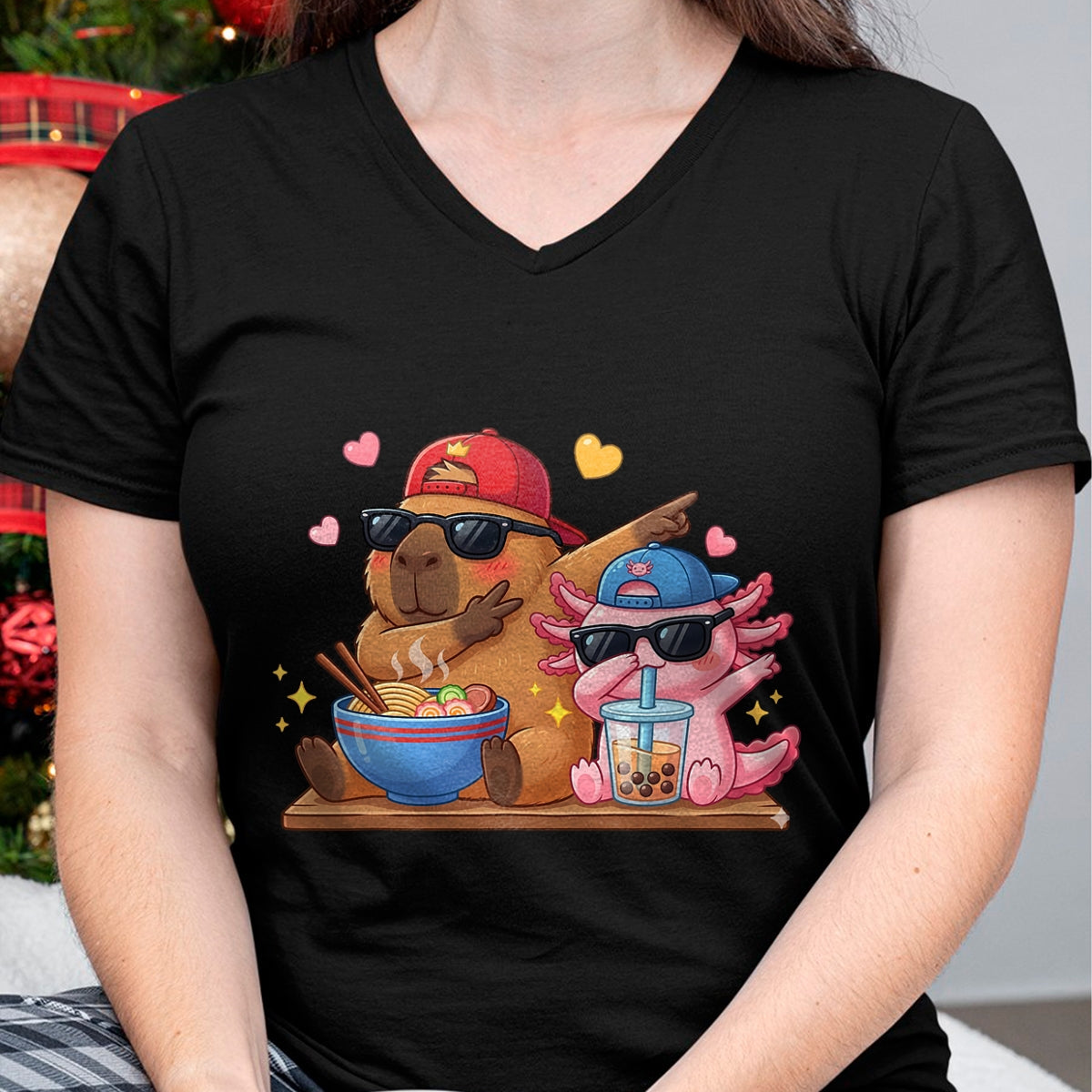 Cute Capybara Shirt, Funny Capybara Unisex T-Shirt/Hoodie/Sweatshirt HLT00 - Cute Dabbing Capybara Axolotl Boba Tea Ramen Boys Girls Kids T-Shirt