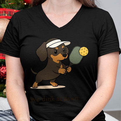 Funny Pickleball Shirt, Pickleball Lover Unisex T-Shirt/Hoodie/Sweatshirt HLT00 - Funny Pickleball Dachshund Pickleball Dog We Dink at Dawn T-Shirt