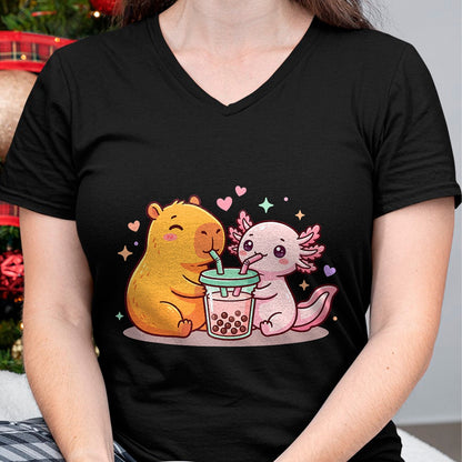Cute Capybara Shirt, Funny Capybara Unisex T-Shirt/Hoodie/Sweatshirt HLT00 - Cute Capybara and Axolotl Bubble Tea Boba Girls Kawaii T-Shirt