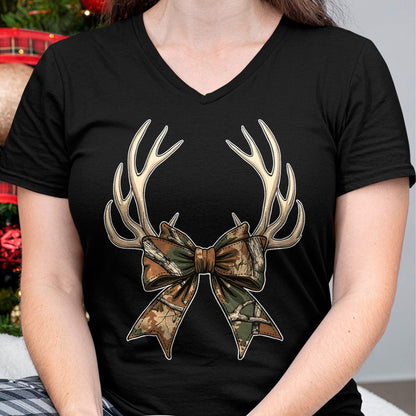 Funny Hunting Shirt, Gift For Hunting Lover Unisex T-Shirt/Hoodie/Sweatshirt HLT00 - Camo Coquette Bow Deer Antlers Hunting Women Girl Camouflage T-Shirt