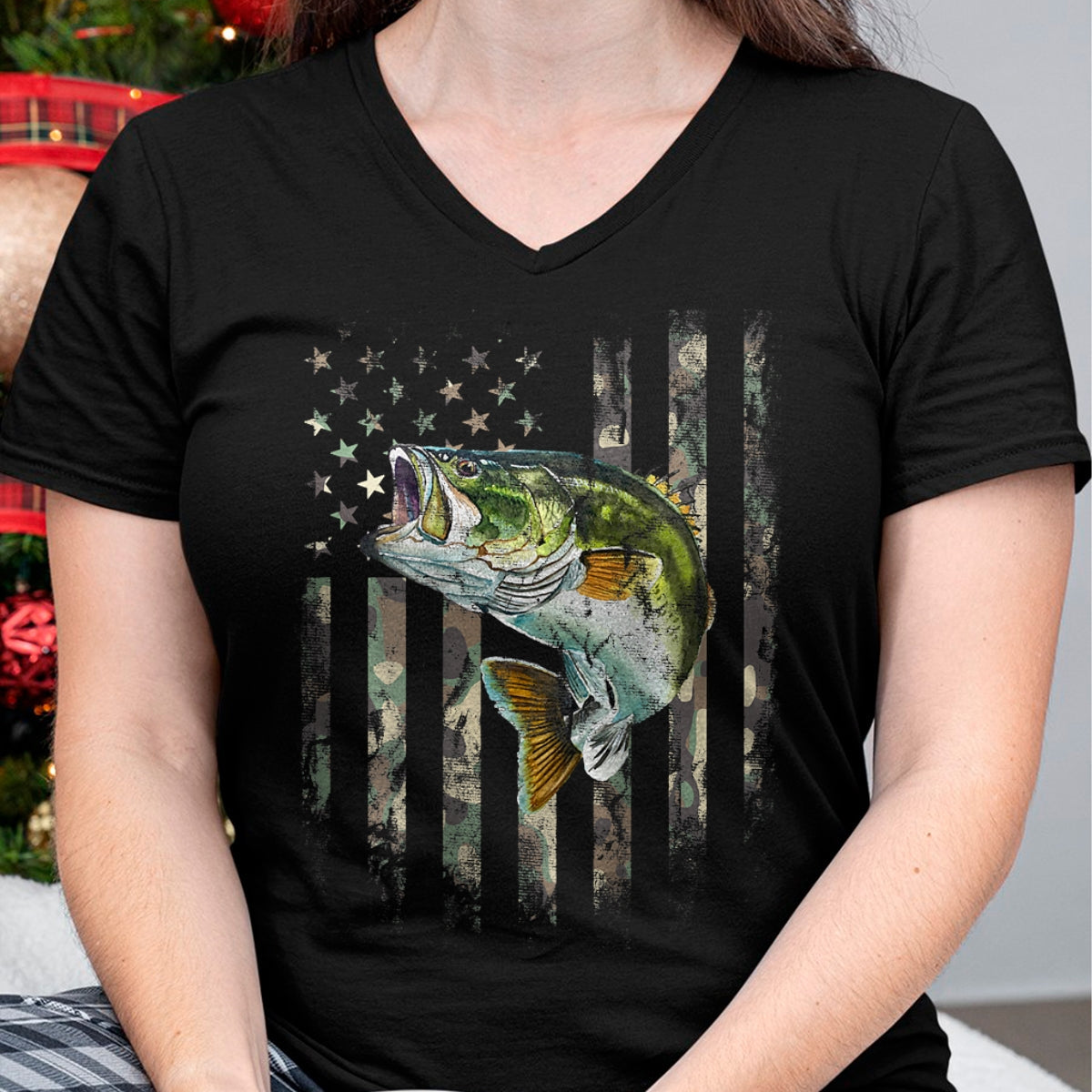 Funny Fishing Shirt, Gift For Fishing Lover Unisex T-Shirt/Hoodie/Sweatshirt HLT00 - (Art on Back) American Flag Camo Bass Fish Fishing T-Shirt