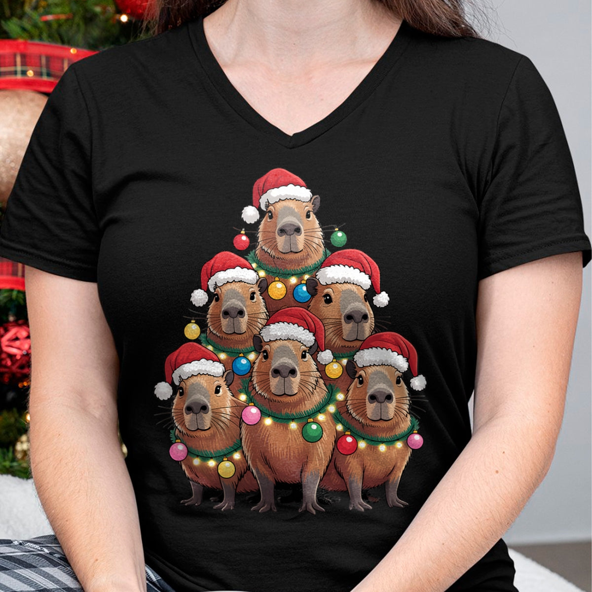 Cute Capybara Shirt, Funny Capybara UnisexT-Shirt/Hoodie/Sweatshirt HLT00 - Capybara Christmas Tree Santa Hat Cute Xmas Boys Kids Men T-Shirt