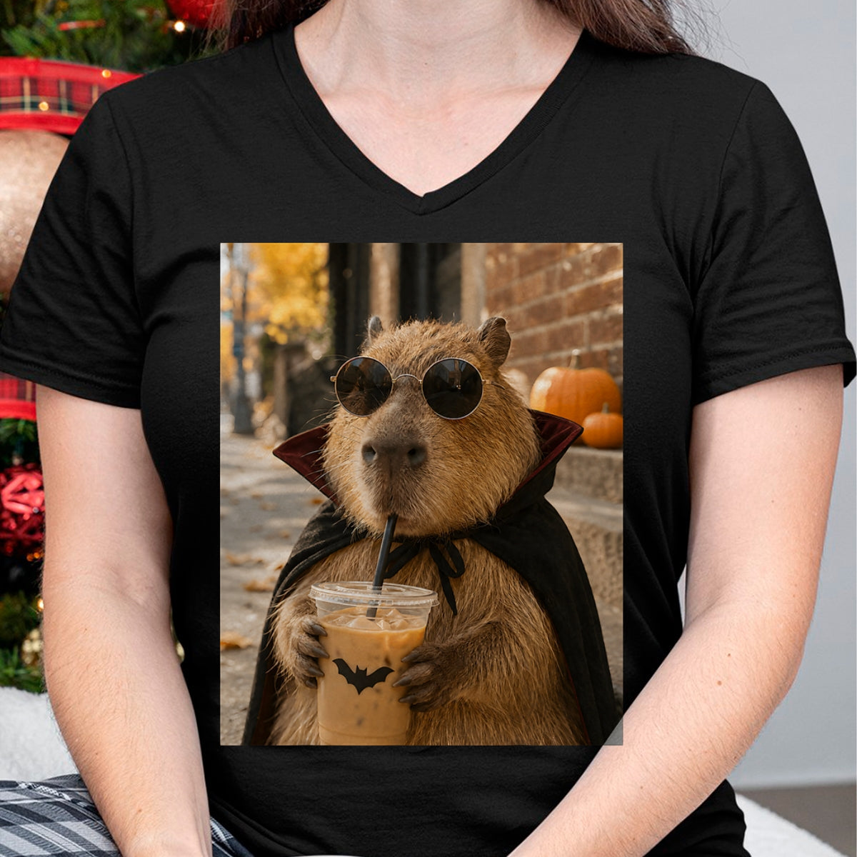 Cute Capybara Shirt, Funny Capybara Unisex T-Shirt/Hoodie/Sweatshirt HLT00 - Capybara Vampire Drinking Iced Coffee Halloween Funny Meme T-Shirt