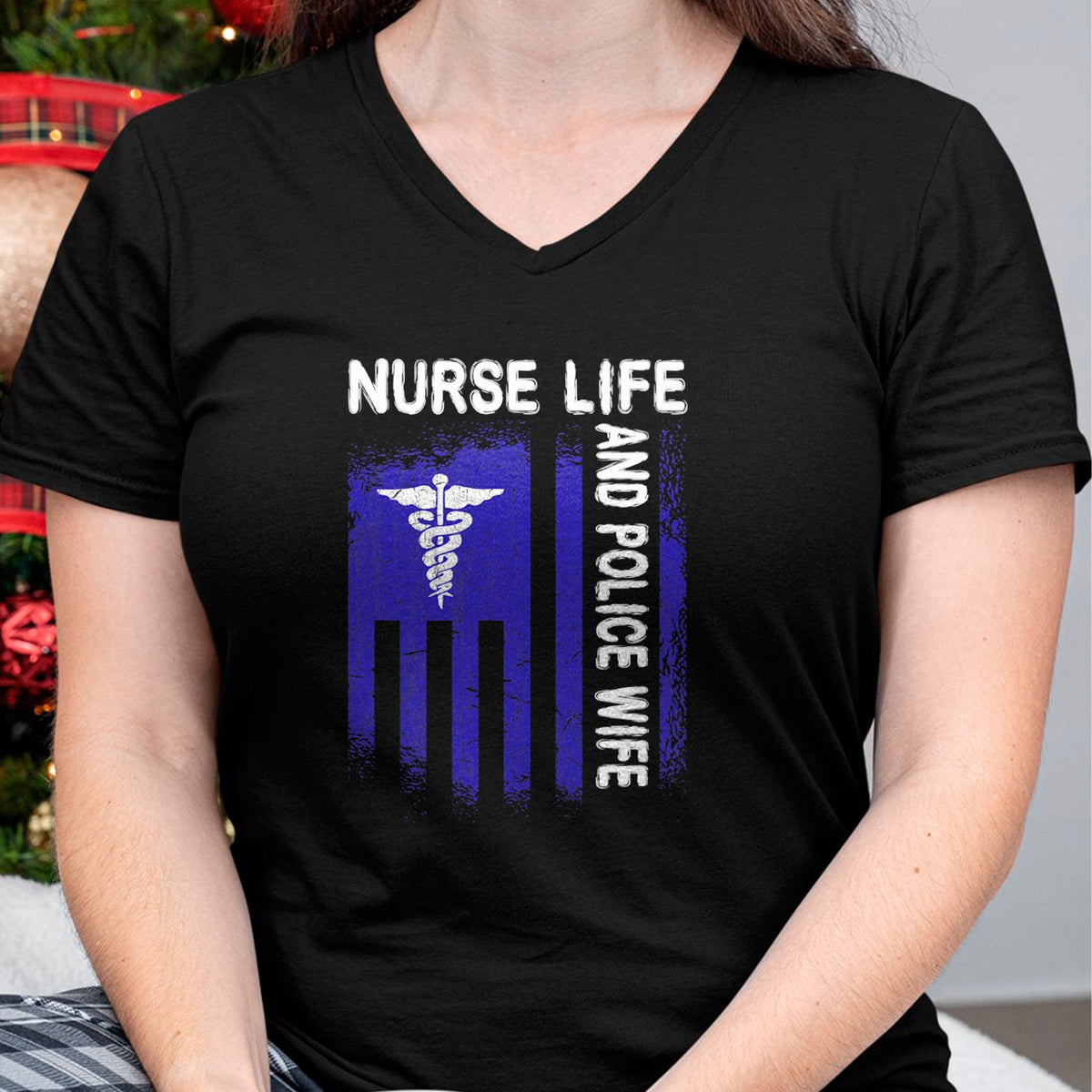 Funny Nurse Shirt, Nurse Unisex T-Shirt/Hoodie/Sweatshirt HLT00 - Nurse Life And Police Wife Flag American For Nurse & Police T-Shirt