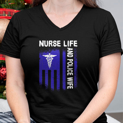 Funny Nurse Shirt, Nurse Unisex T-Shirt/Hoodie/Sweatshirt HLT00 - Nurse Life And Police Wife Flag American For Nurse & Police T-Shirt