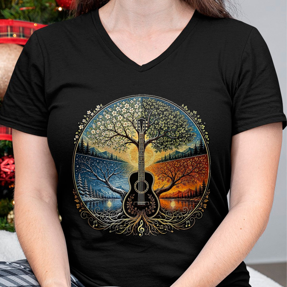 Guitar Lover Shirt, Funny Guitar UnisexT-Shirt/Hoodie/Sweatshirt HLT00 - Acoustic Guitar by the Lake Seasons Nature Music T-Shirt, Men, Black, X-Large