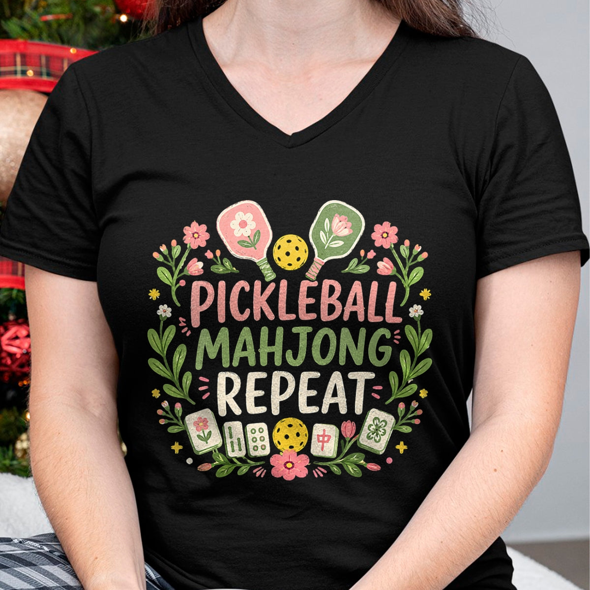 Funny Pickleball Shirt, Pickleball Lover Unisex T-Shirt/Hoodie/Sweatshirt HLT00 - Women's Pickleball Mahjong Repeat Funny Game Lover Men Women V-Neck T-Shirt