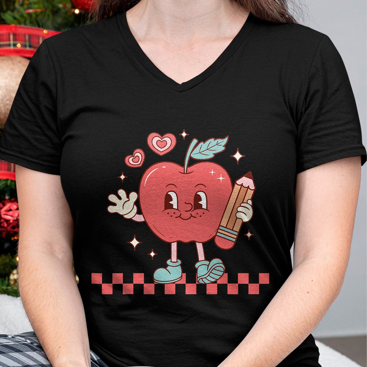 Best Teacher Shirt, Funny Teacher UnisexT-Shirt/Hoodie/Sweatshirt HLT00 - Cute Retro Checkered Apple with Face Teacher Pencil Trendy T-Shirt